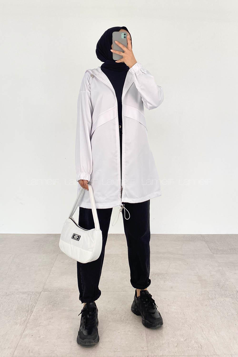 White Hood Neck Long Arm Raincoat