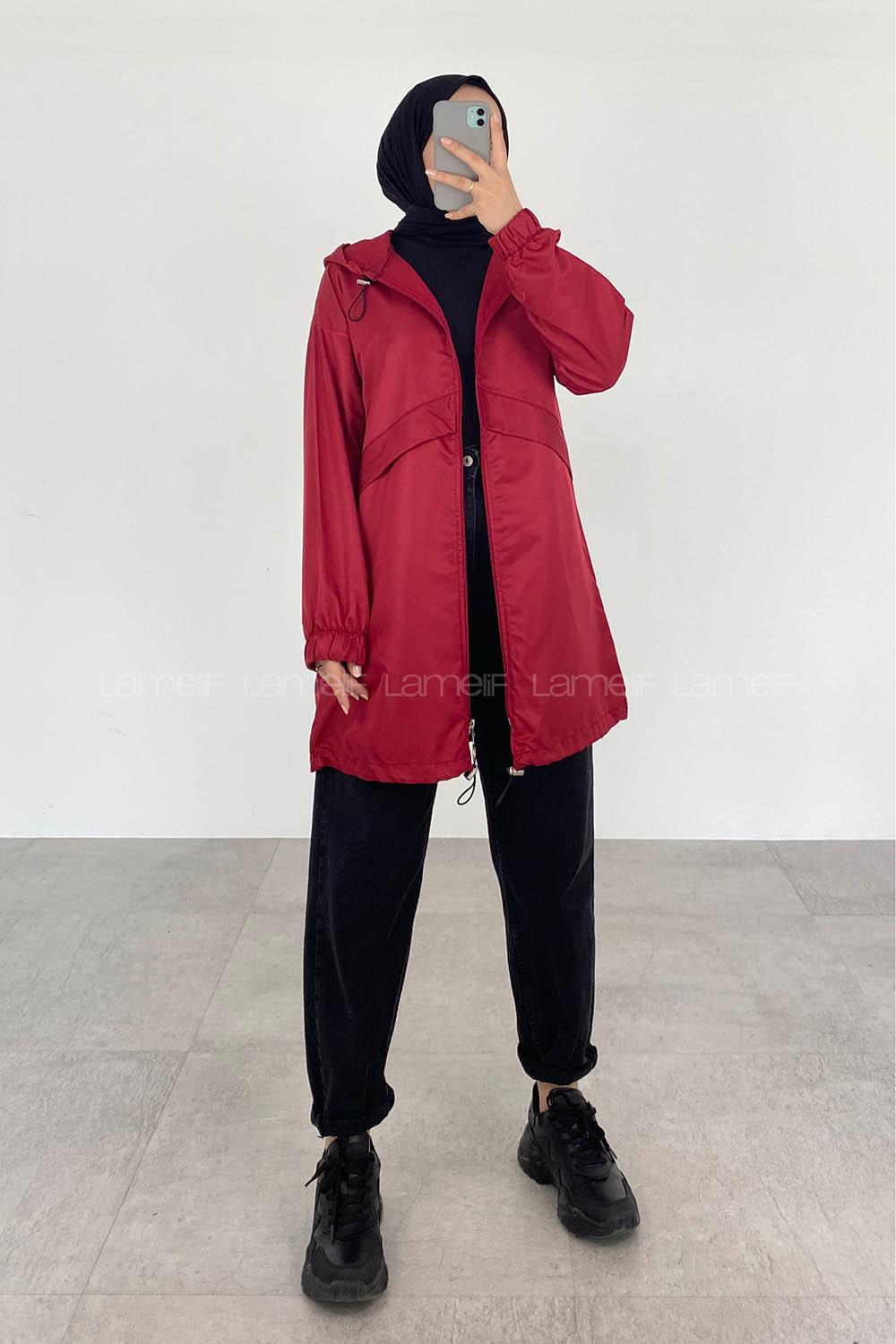 Claret Red Hood Neck Long Arm Raincoat