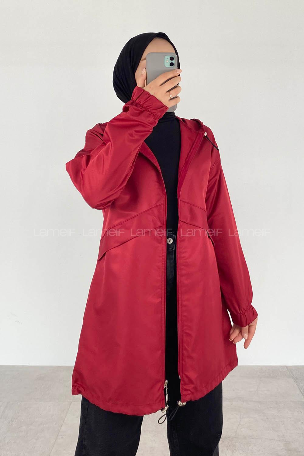 Claret Red Hood Neck Long Arm Raincoat
