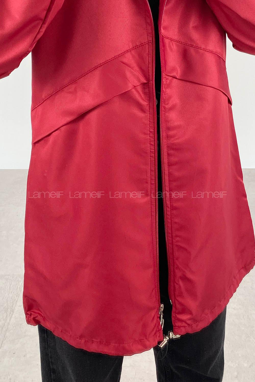 Claret Red Hood Neck Long Arm Raincoat