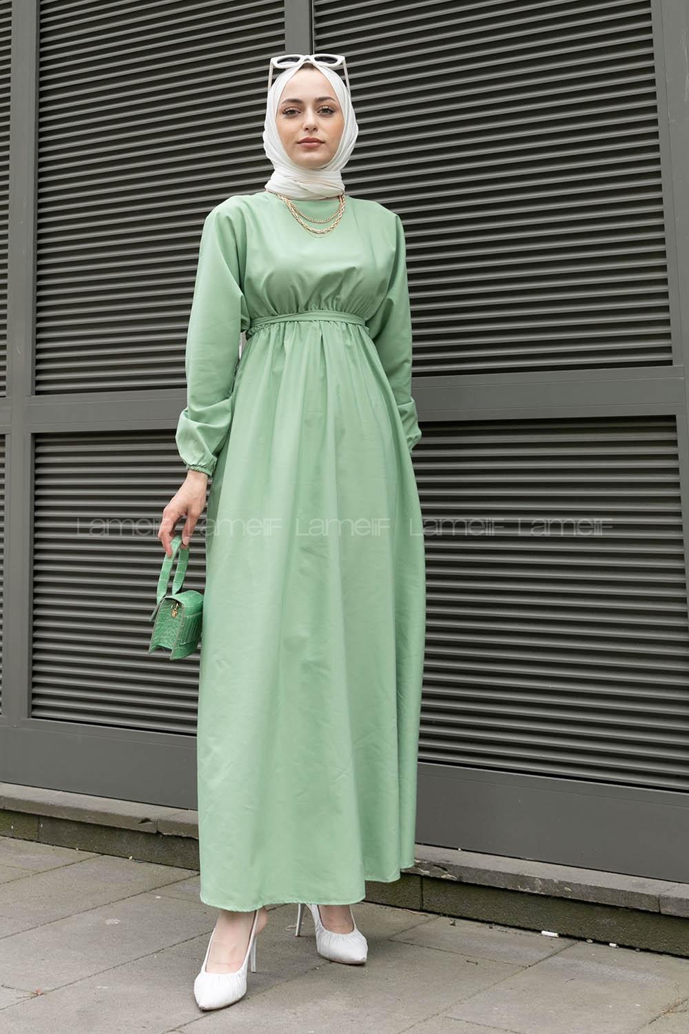 Mint Green Medium Crew Neck Cotton Fabric Unprinted Dresess