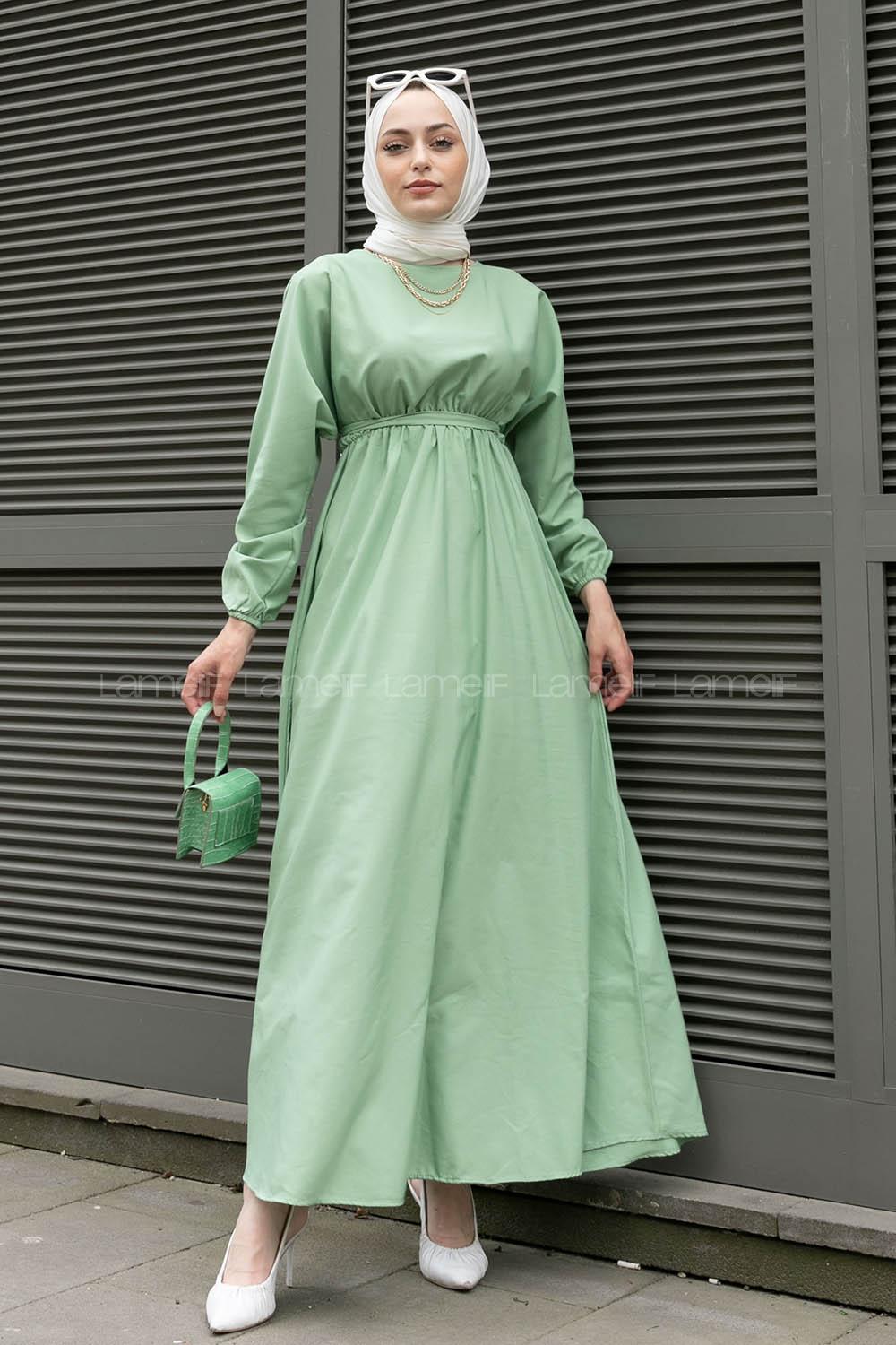 Mint Green Medium Crew Neck Cotton Fabric Unprinted Dresess