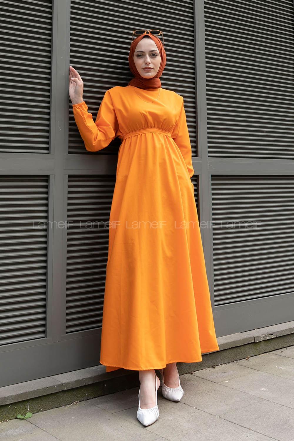 Orange Medium Crew Neck Cotton Fabric Unprinted Dresess