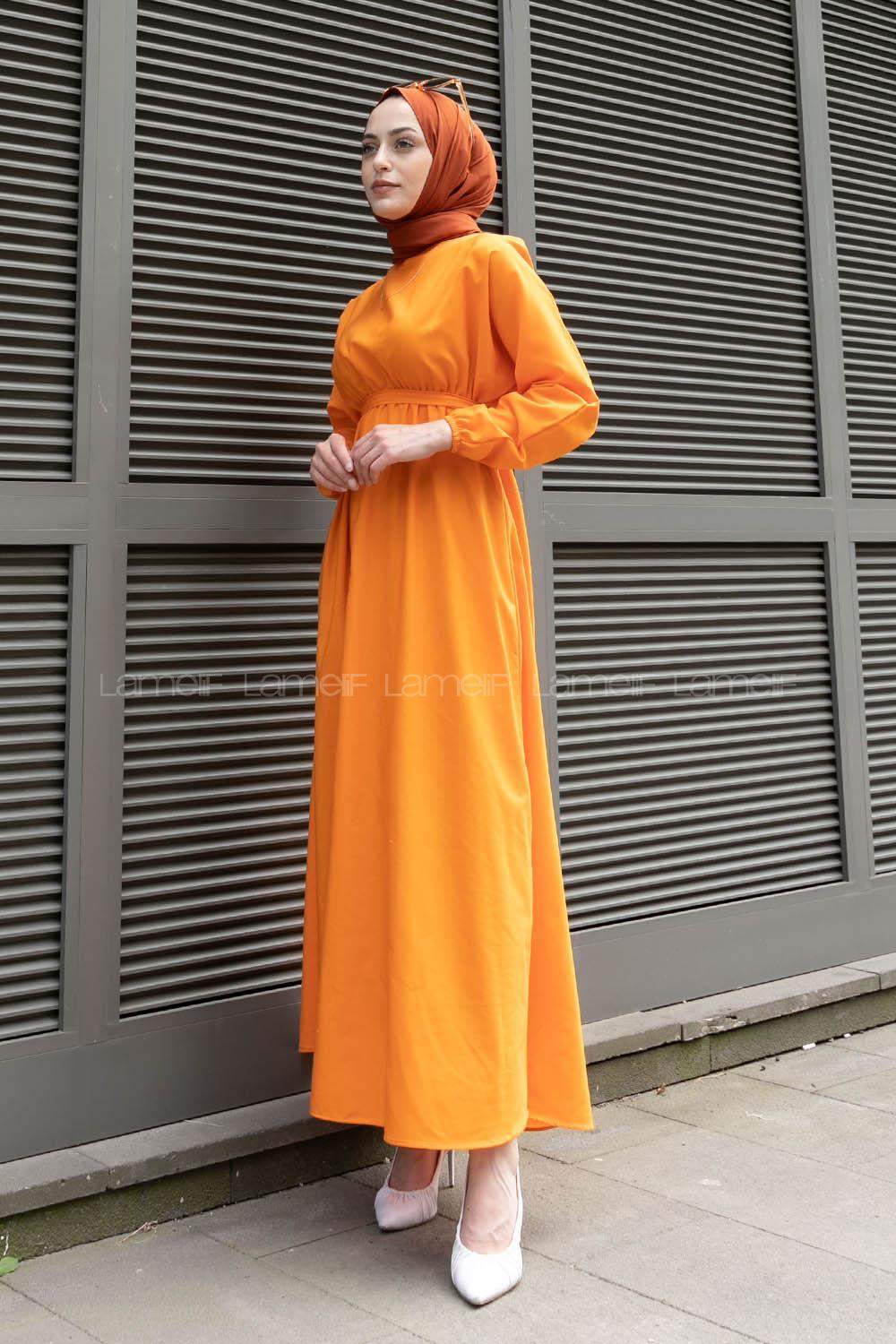 Orange Medium Crew Neck Cotton Fabric Unprinted Dresess