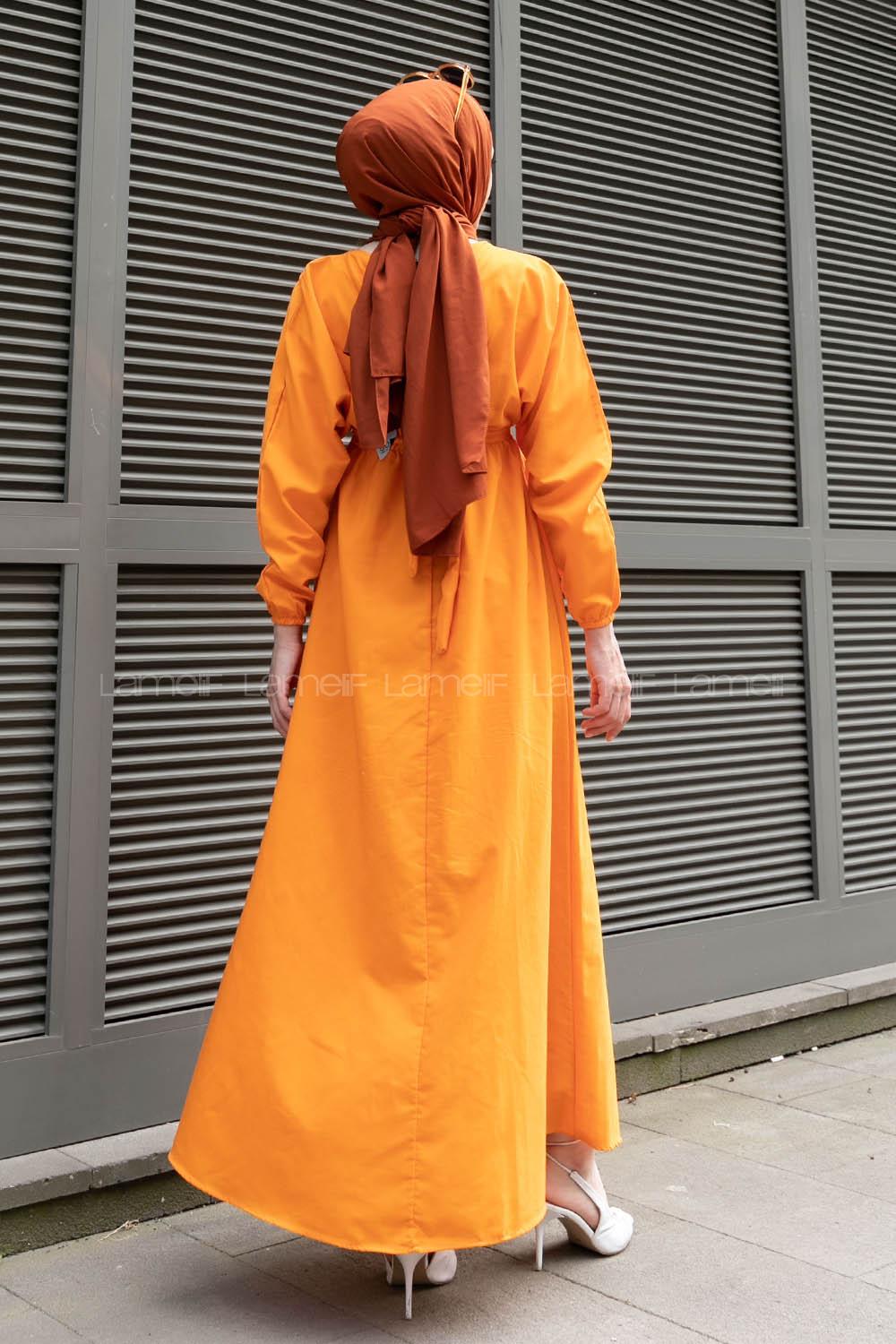 Orange Medium Crew Neck Cotton Fabric Unprinted Dresess