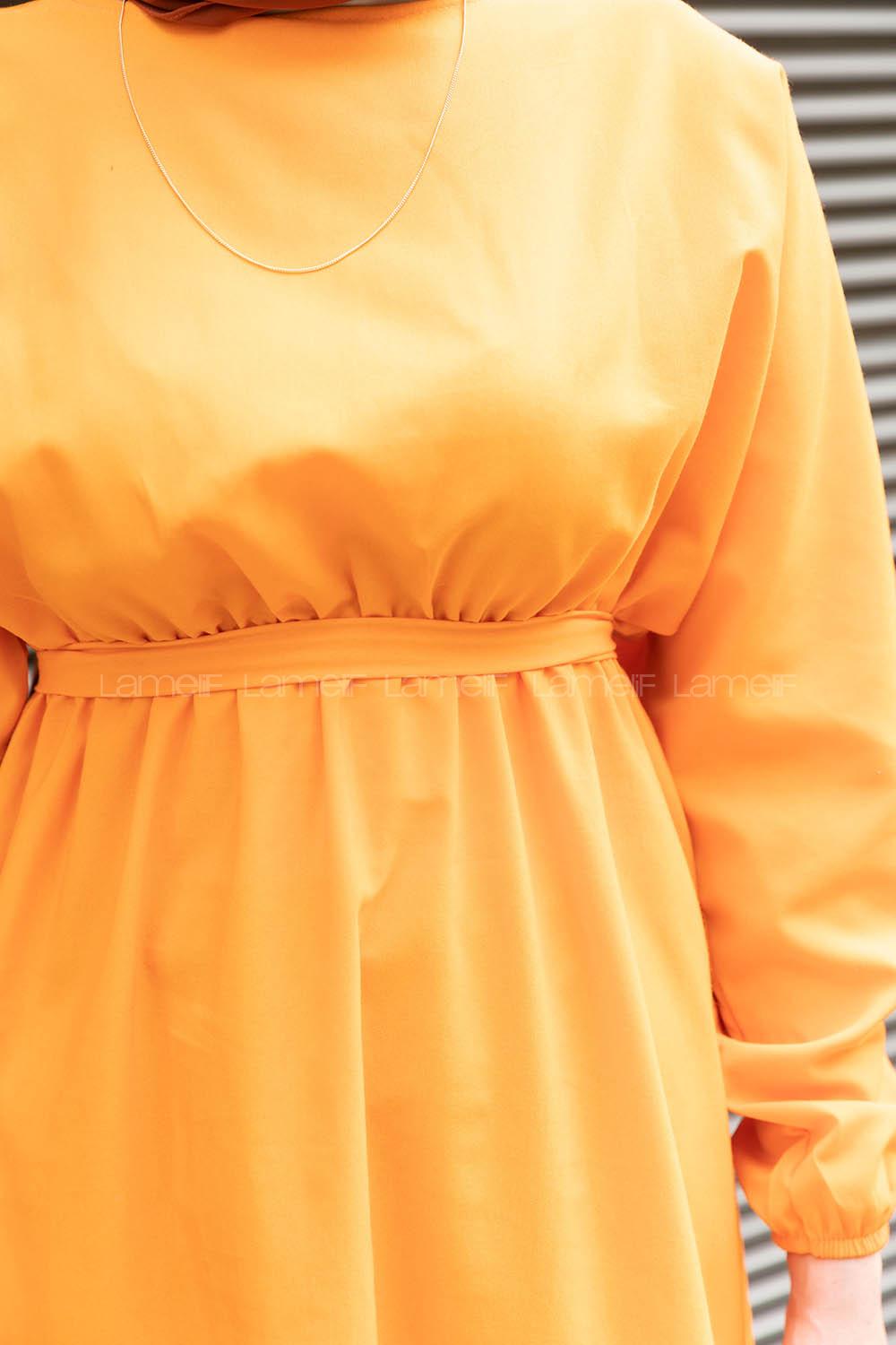 Orange Medium Crew Neck Cotton Fabric Unprinted Dresess