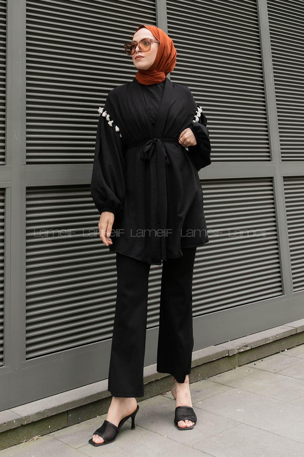 Black Balloon Sleeve Arm Belted Ayrobin Kimono