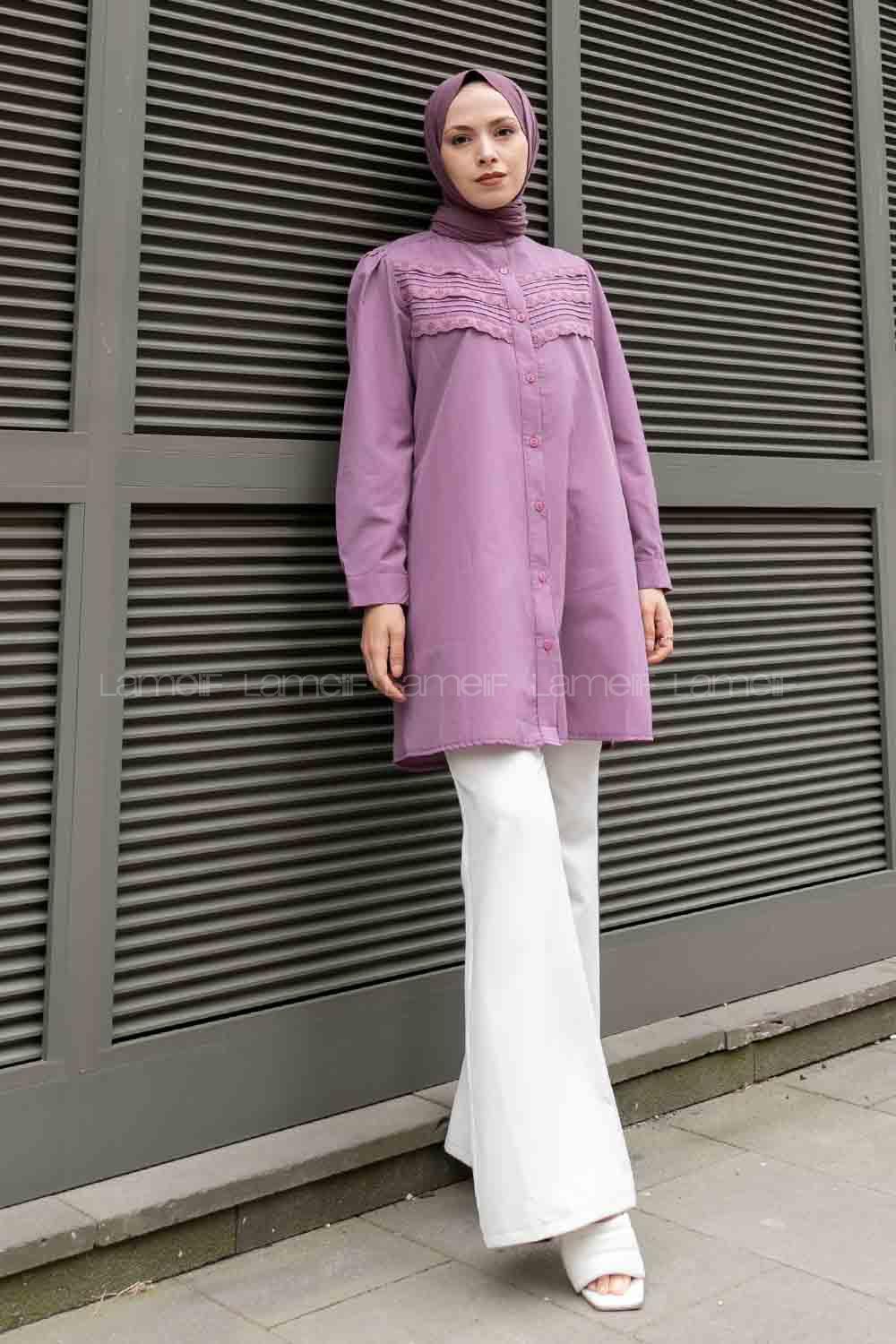 Lilac Mandarin Collar Long Arm Cotton Unprinted Shirt