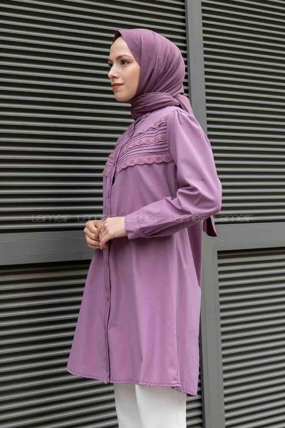 Lilac Mandarin Collar Long Arm Cotton Unprinted Shirt
