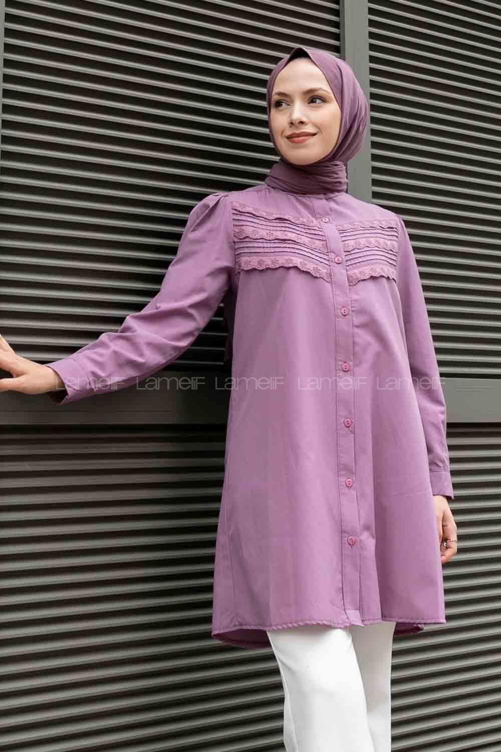 Lilac Mandarin Collar Long Arm Cotton Unprinted Shirt