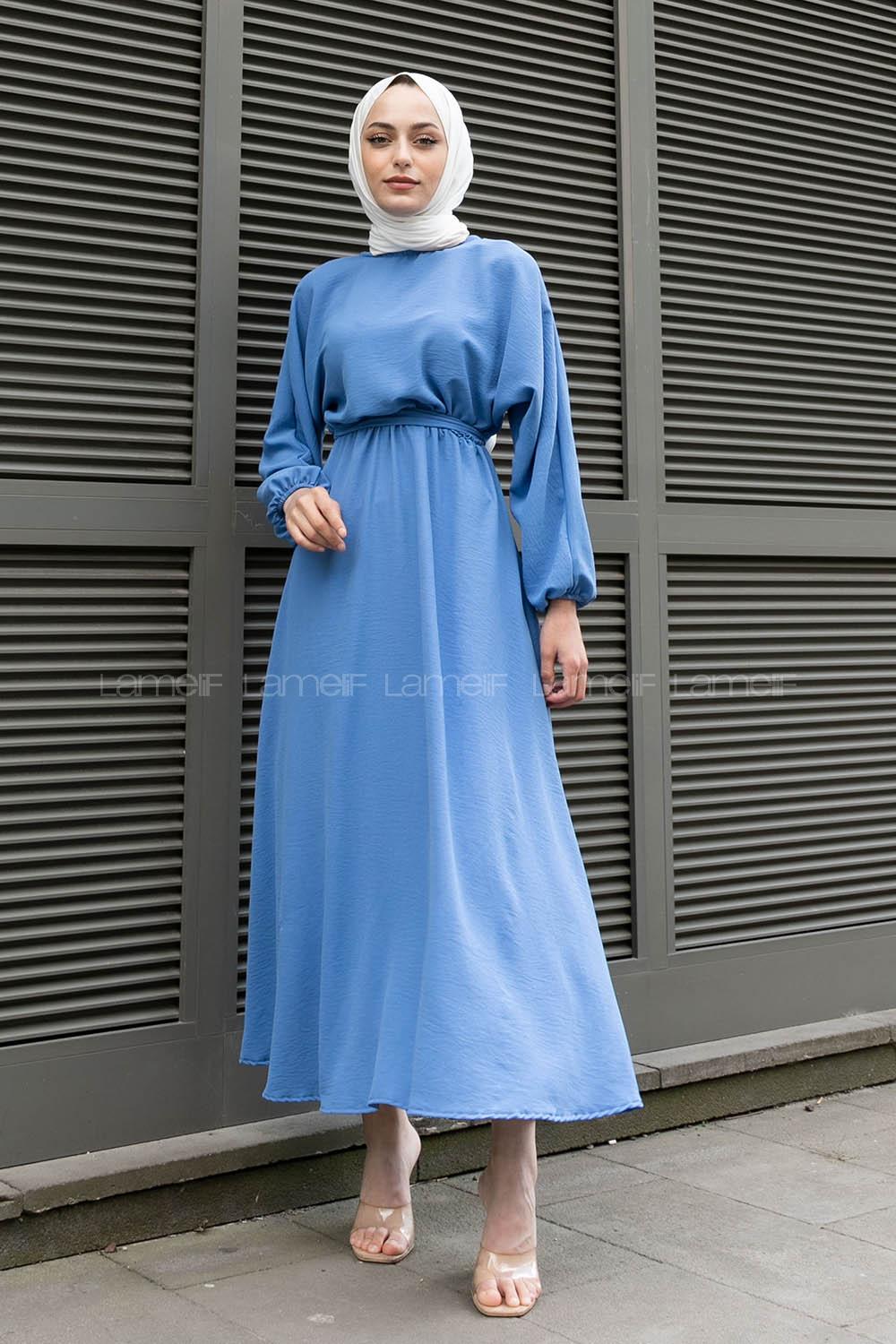 Blue Crew Neck Acrylic Unprinted Dresess