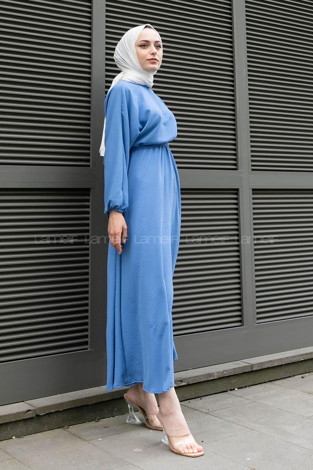 Blue Crew Neck Acrylic Unprinted Dresess