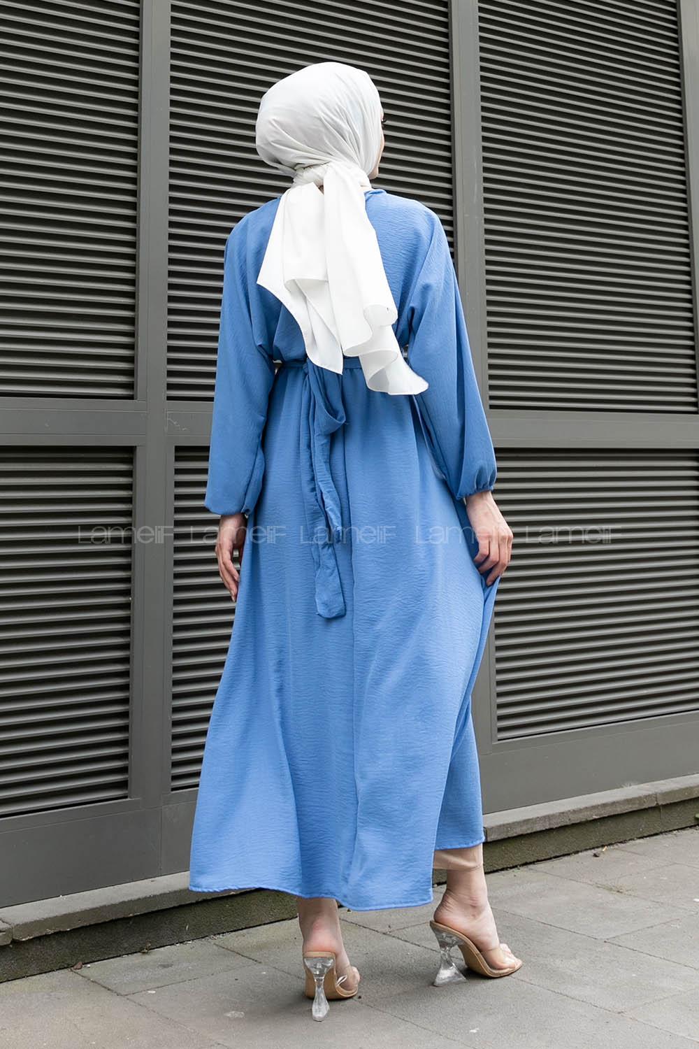 Blue Crew Neck Acrylic Unprinted Dresess