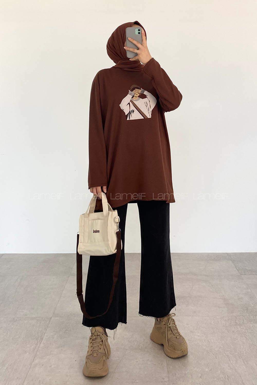 Bitter Brown Medium Crew Neck Long Arm Printed Sweatshirt