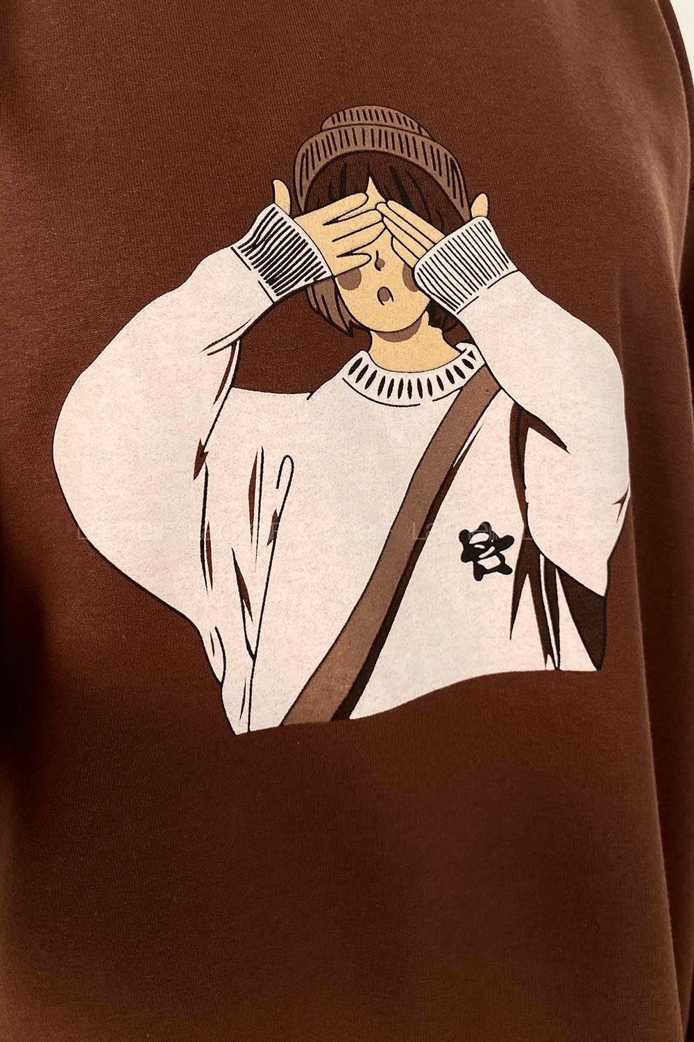 Bitter Brown Medium Crew Neck Long Arm Printed Sweatshirt