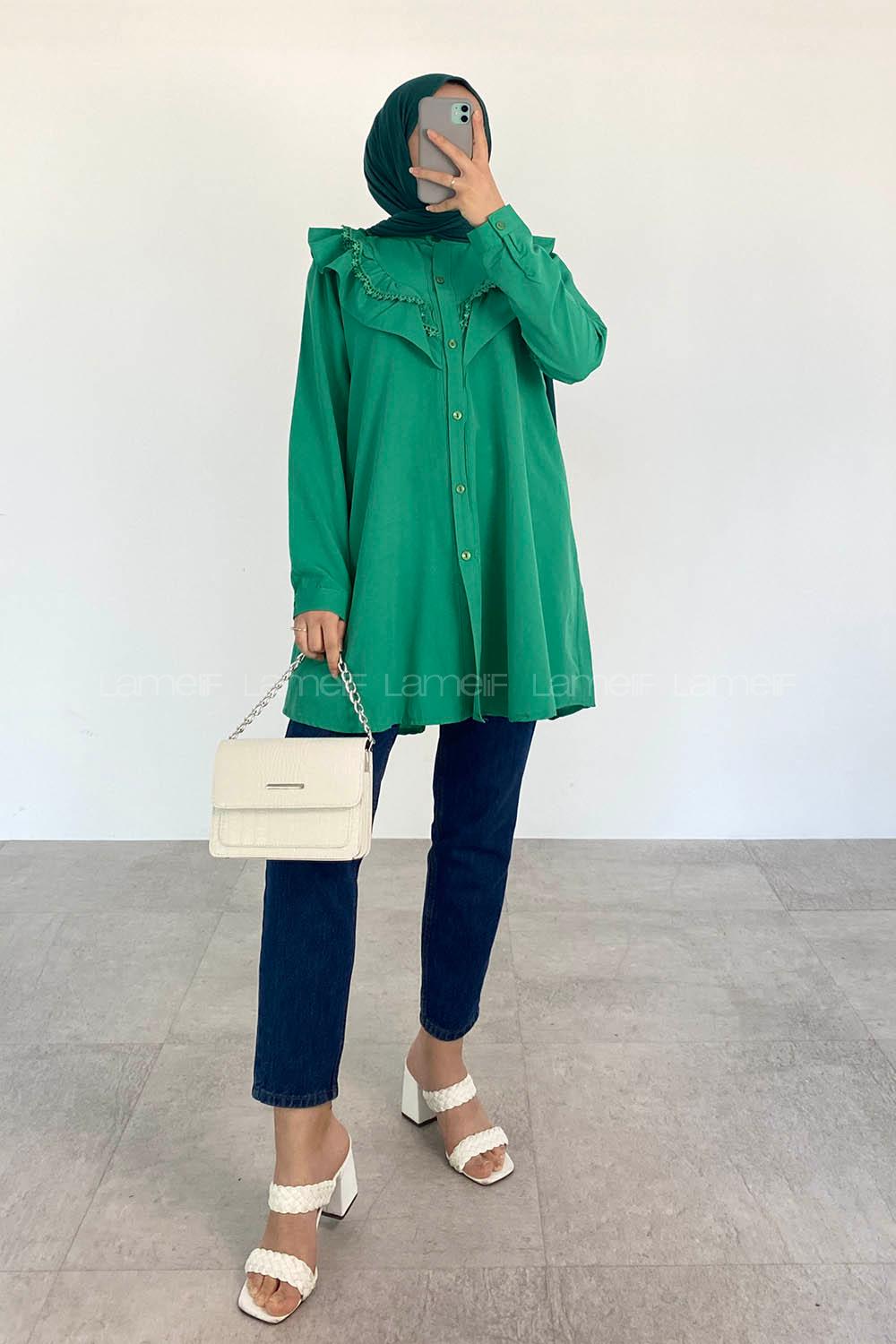 Green Shirt Collar Long Arm Cotton Unprinted Shirt