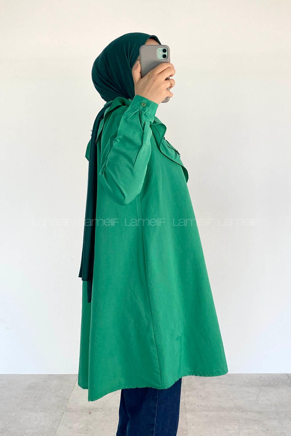Green Shirt Collar Long Arm Cotton Unprinted Shirt