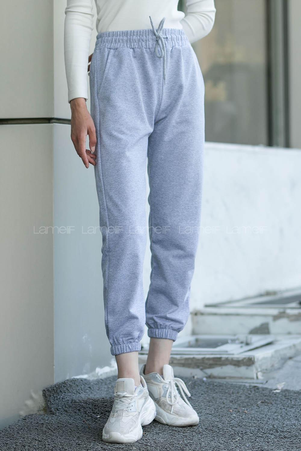 Gray Elastic Trousers High Waist Regular Cut Bottom Tracksuit