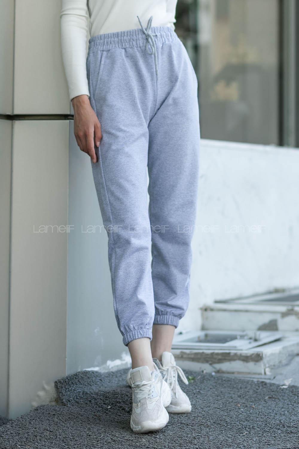 Gray Elastic Trousers High Waist Regular Cut Bottom Tracksuit