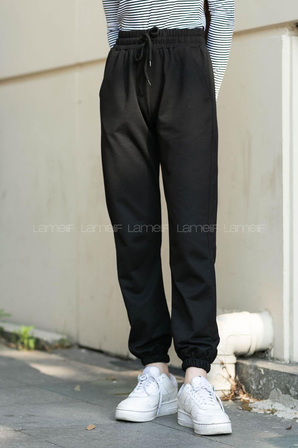 Black Elastic Trousers High Waist Regular Cut Bottom Tracksuit