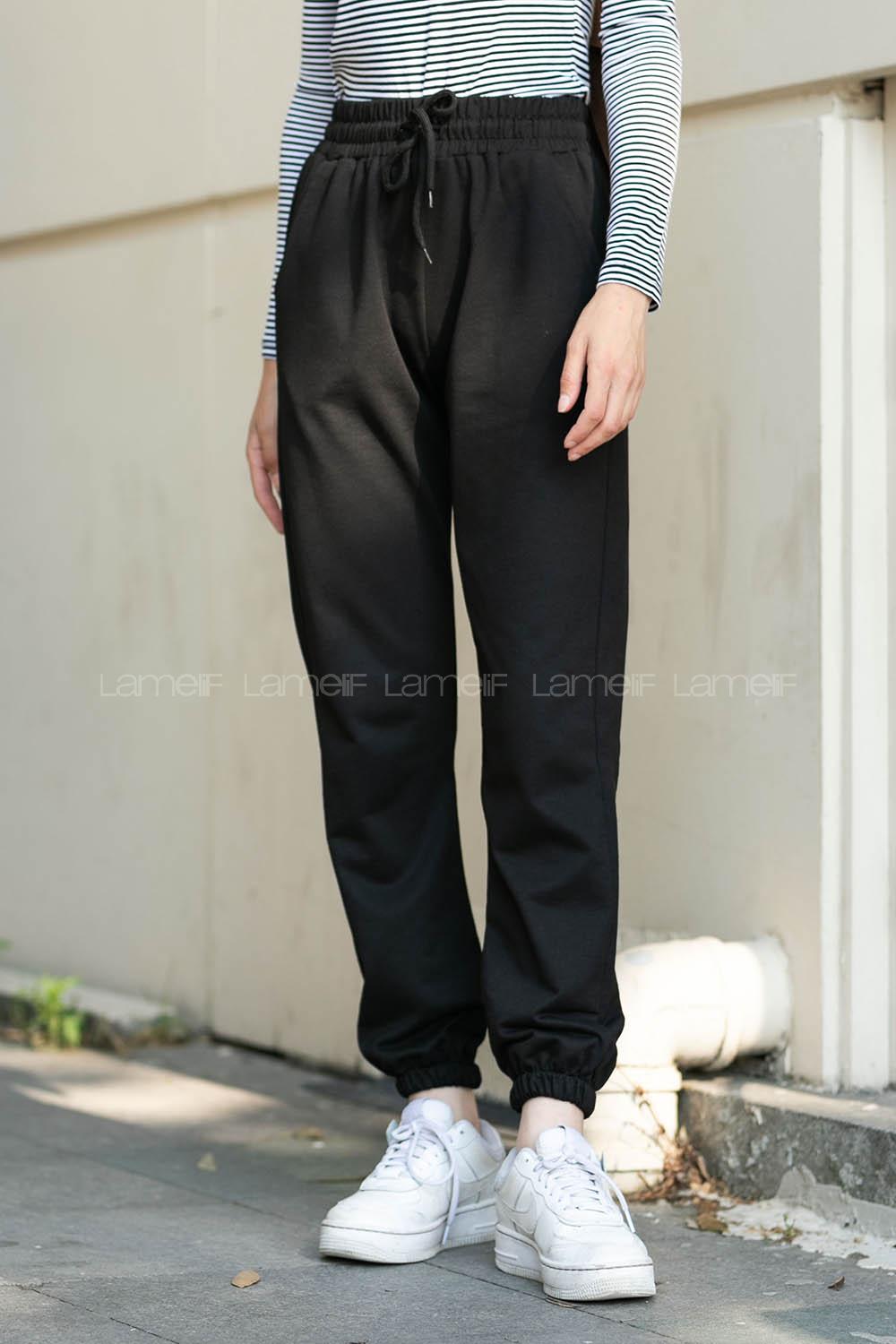 Black Elastic Trousers High Waist Regular Cut Bottom Tracksuit