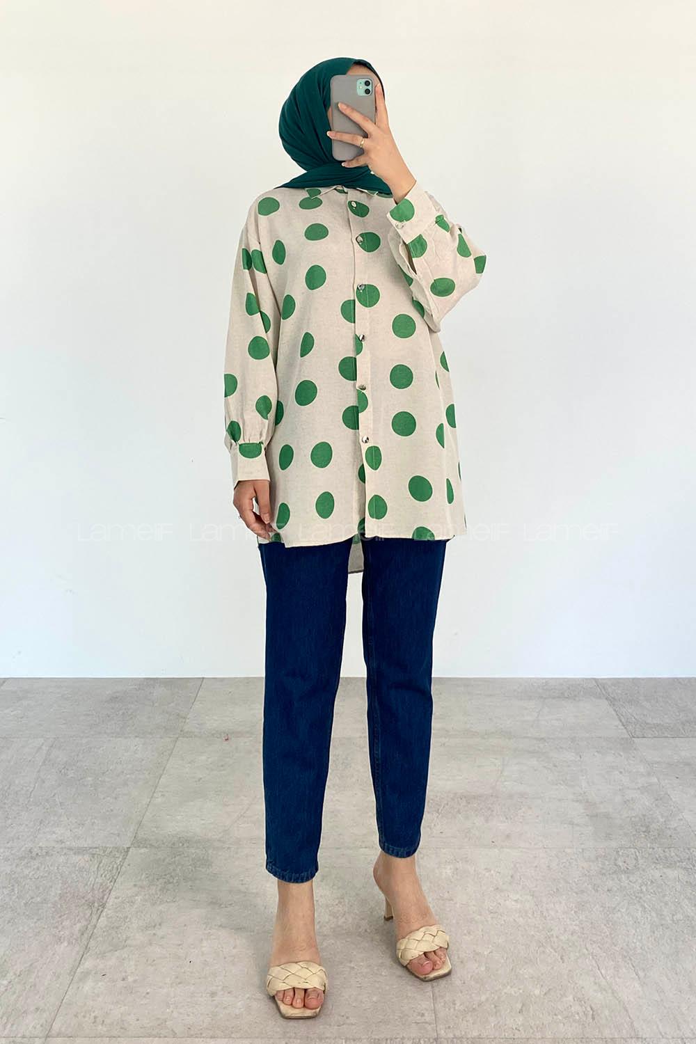 Green Shirt Collar Long Arm Linen Printed Shirt