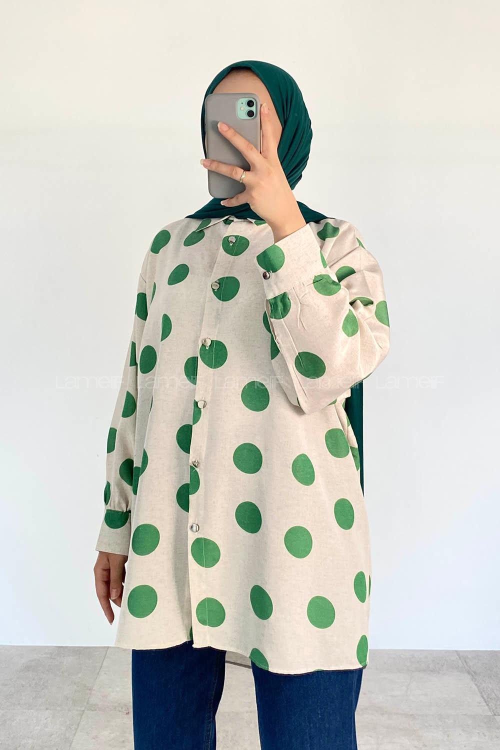 Green Shirt Collar Long Arm Linen Printed Shirt