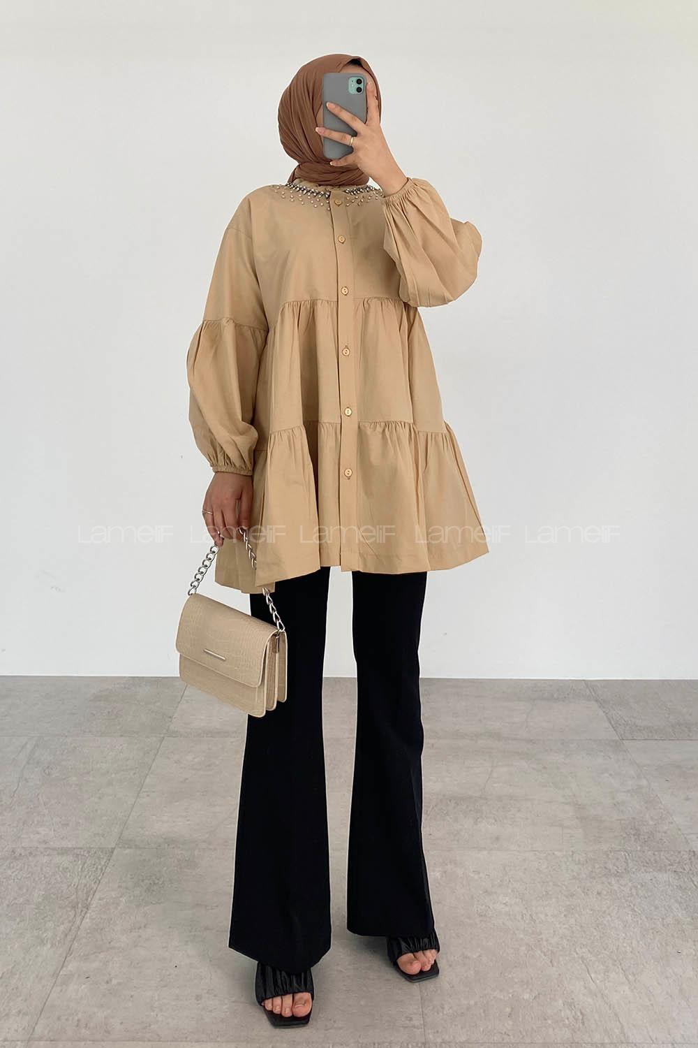 Beige Mandarin Collar Long Arm Cotton Unprinted Shirt