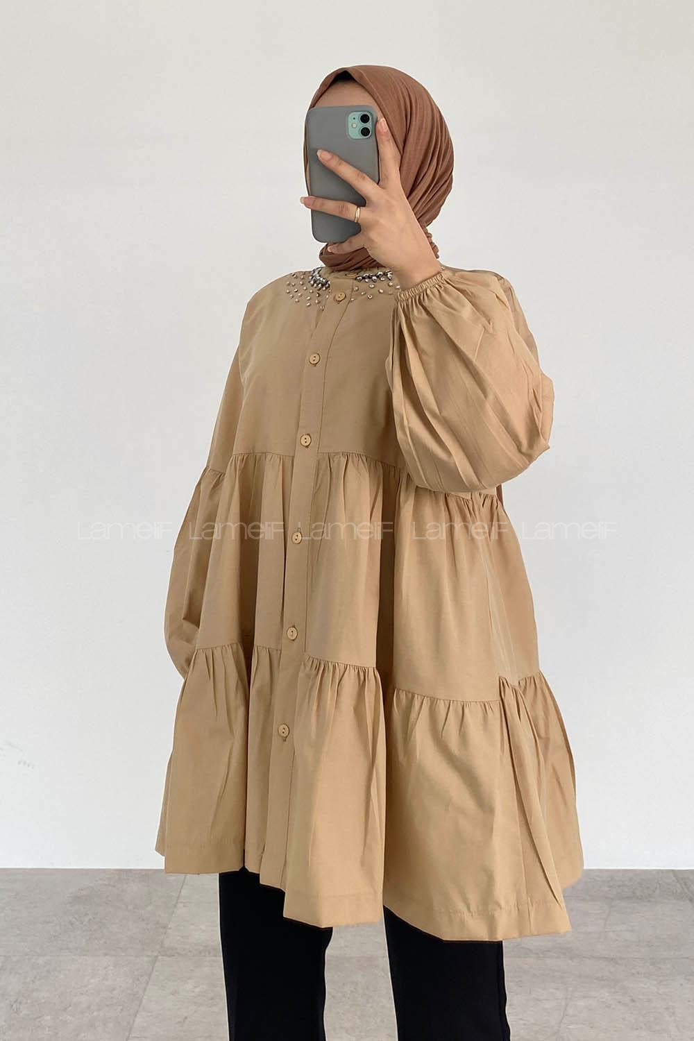 Beige Mandarin Collar Long Arm Cotton Unprinted Shirt