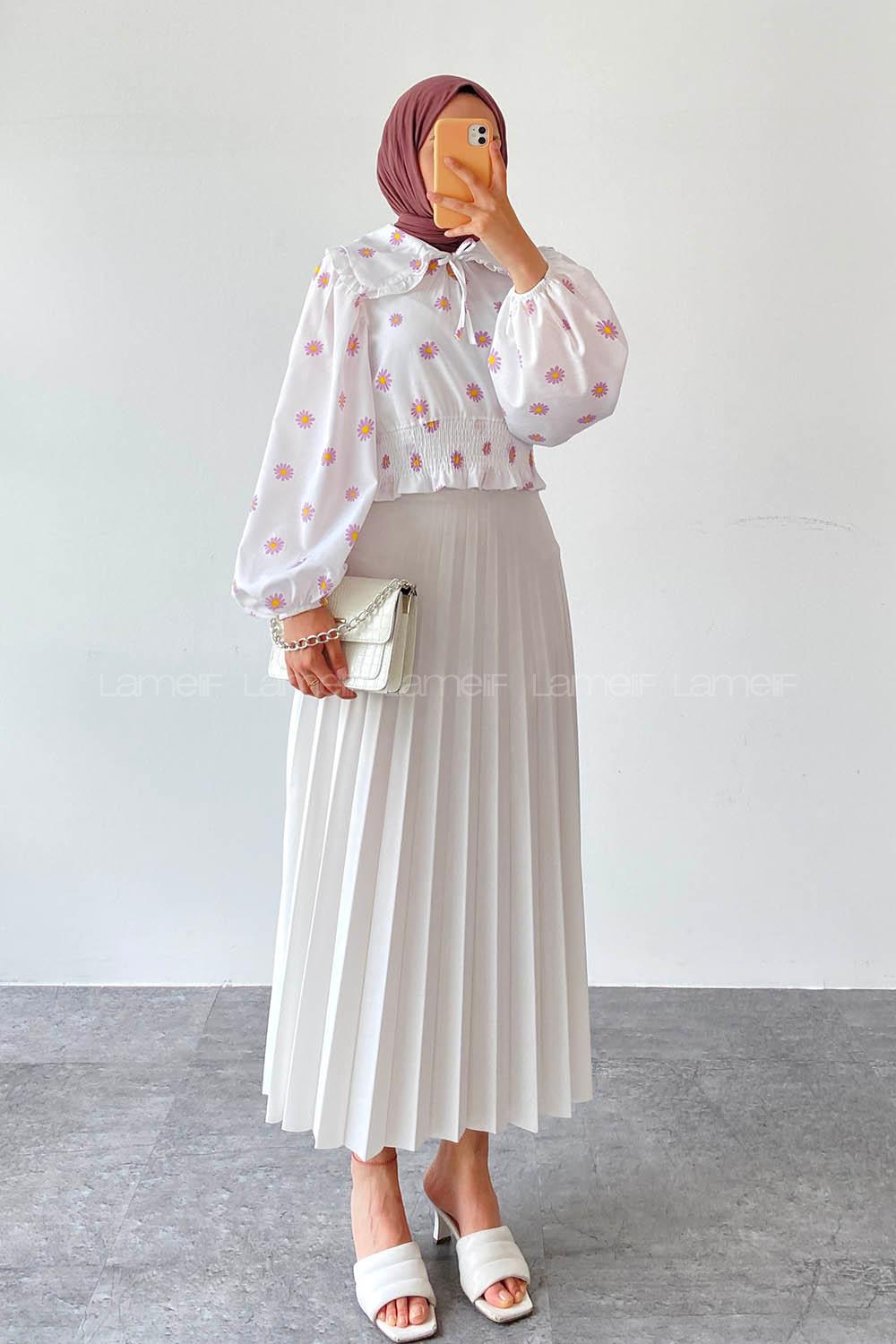 Lilac Crew Neck Long Arm Without Accessories Cotton Fabric Unprinted Blouse