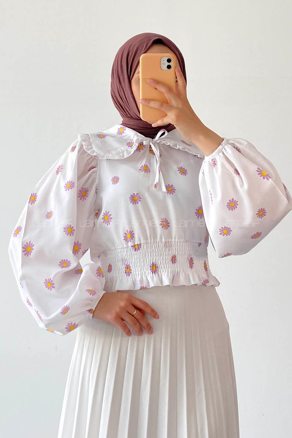 Lilac Crew Neck Long Arm Without Accessories Cotton Fabric Unprinted Blouse