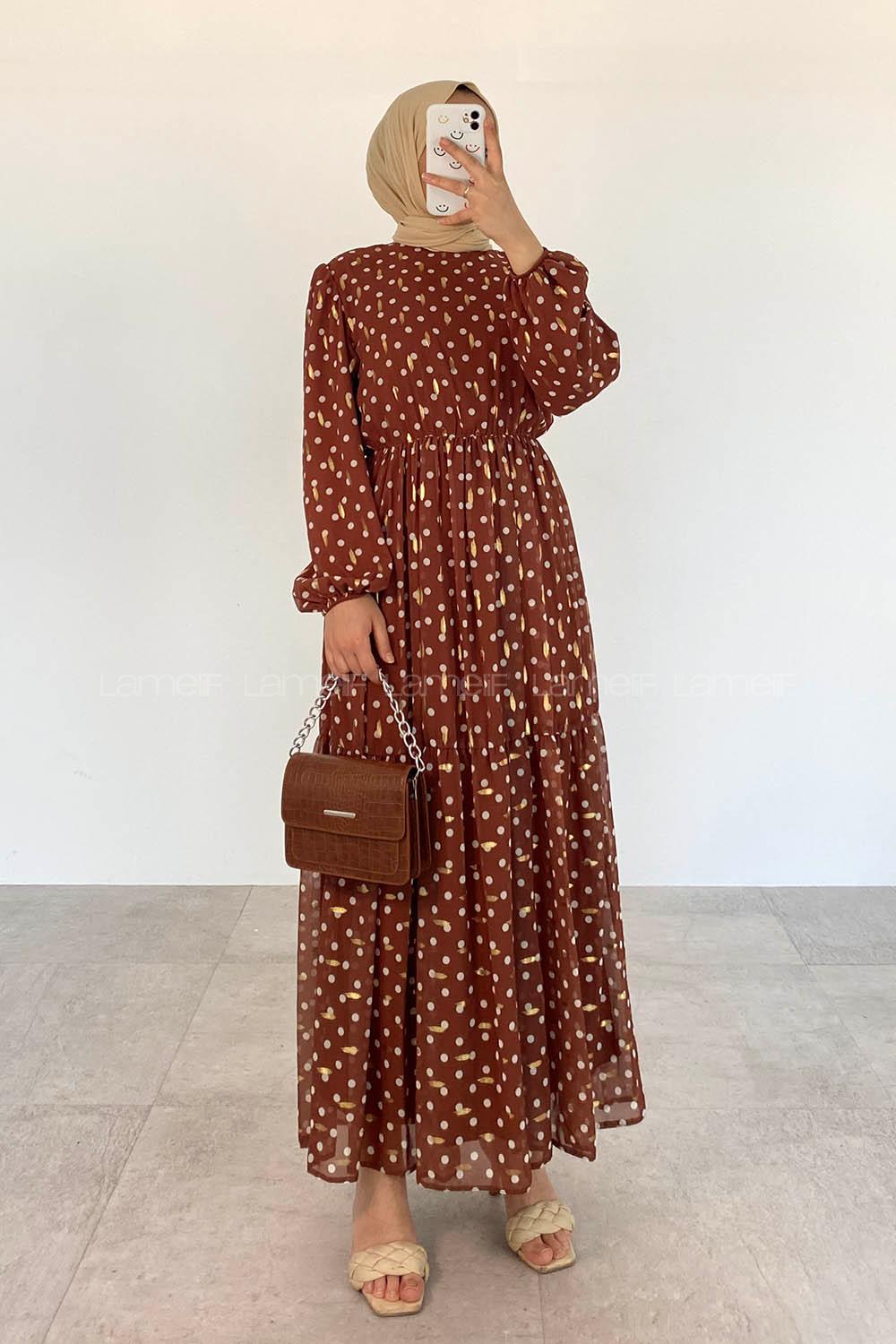 Modalamelif Bel Lastik  Puantiye Desen Elbise Acı Kahve