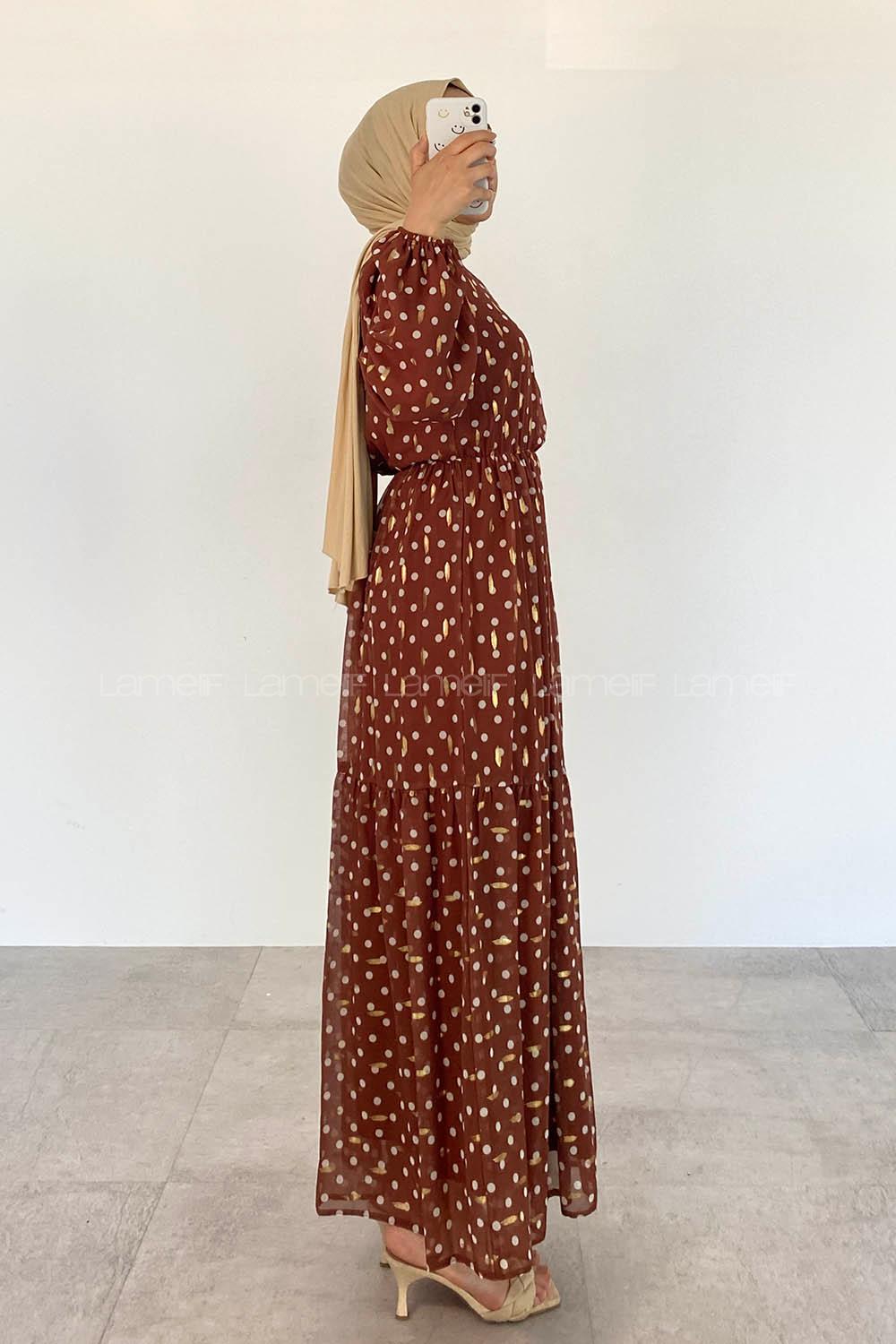 Modalamelif Bel Lastik  Puantiye Desen Elbise Acı Kahve