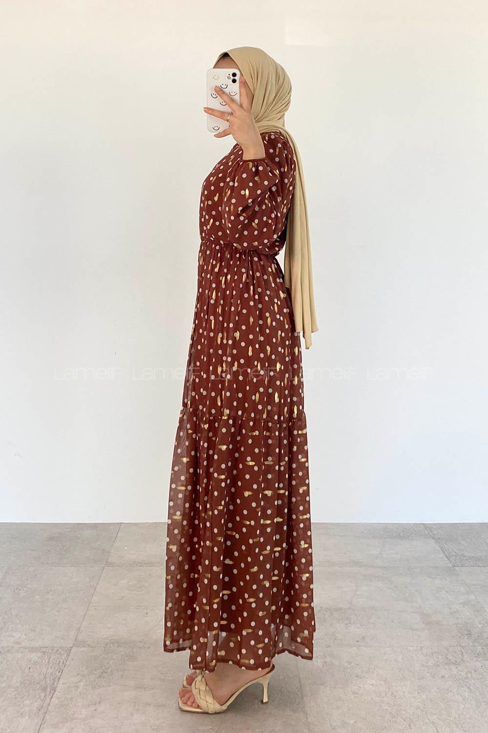 Modalamelif Bel Lastik  Puantiye Desen Elbise Acı Kahve