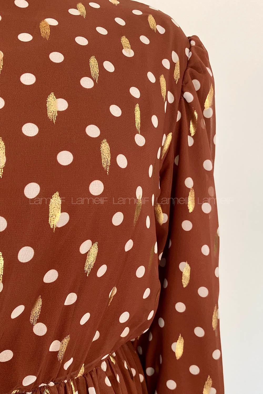 Modalamelif Bel Lastik  Puantiye Desen Elbise Acı Kahve