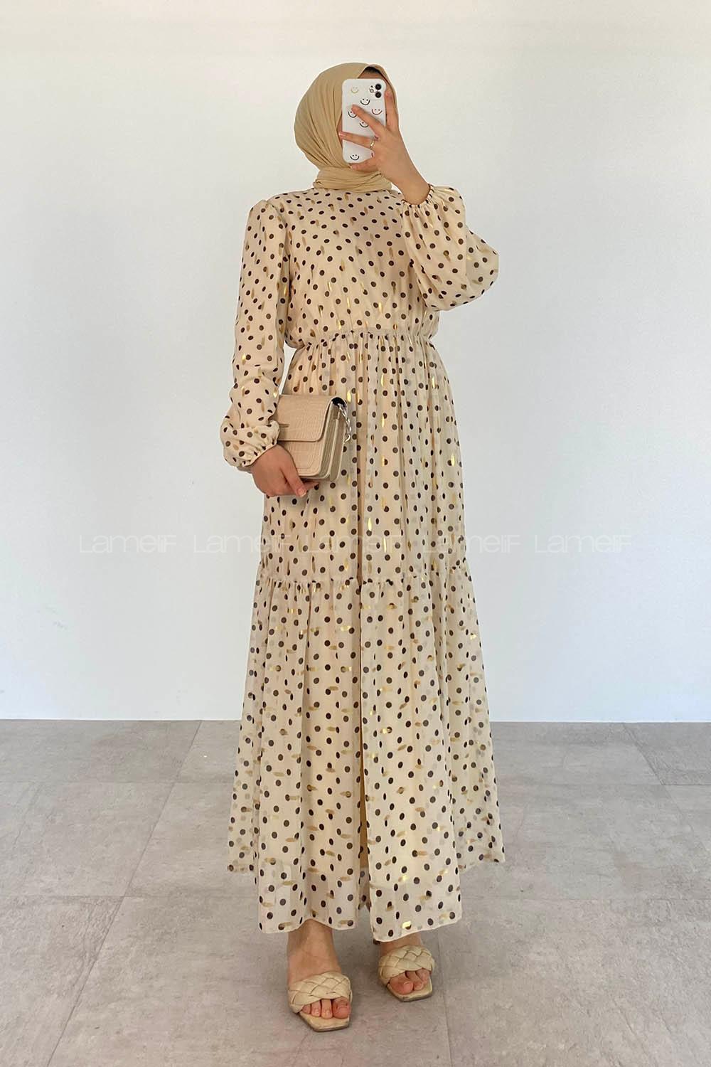 Modalamelif Bel Lastik  Puantiye Desen Elbise Bej