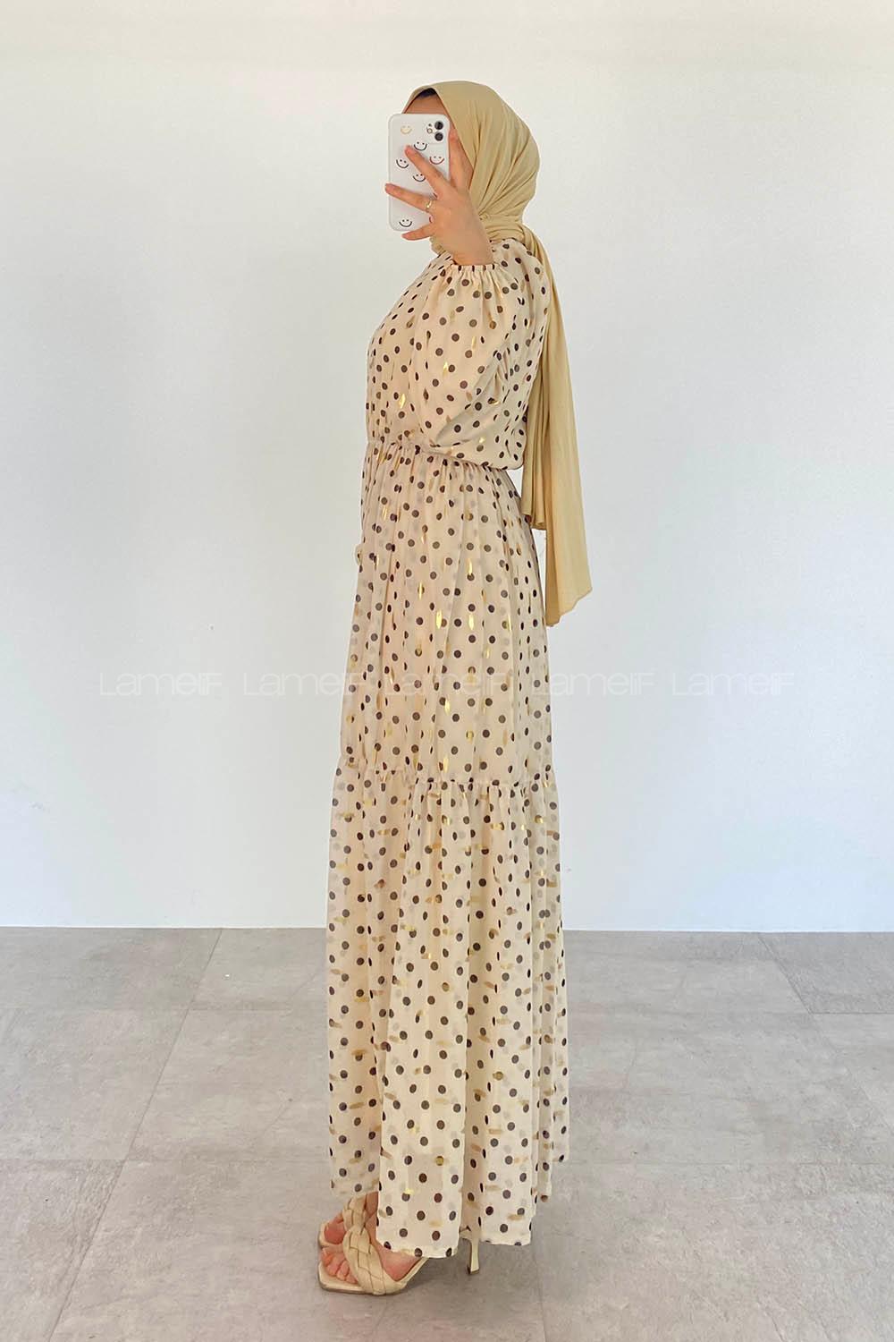 Modalamelif Bel Lastik  Puantiye Desen Elbise Bej