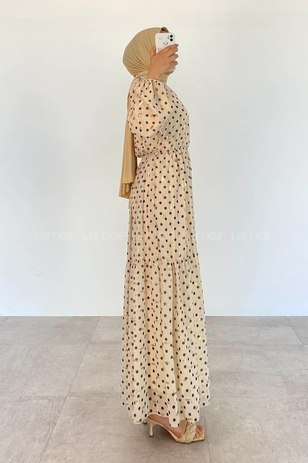 Modalamelif Bel Lastik  Puantiye Desen Elbise Bej