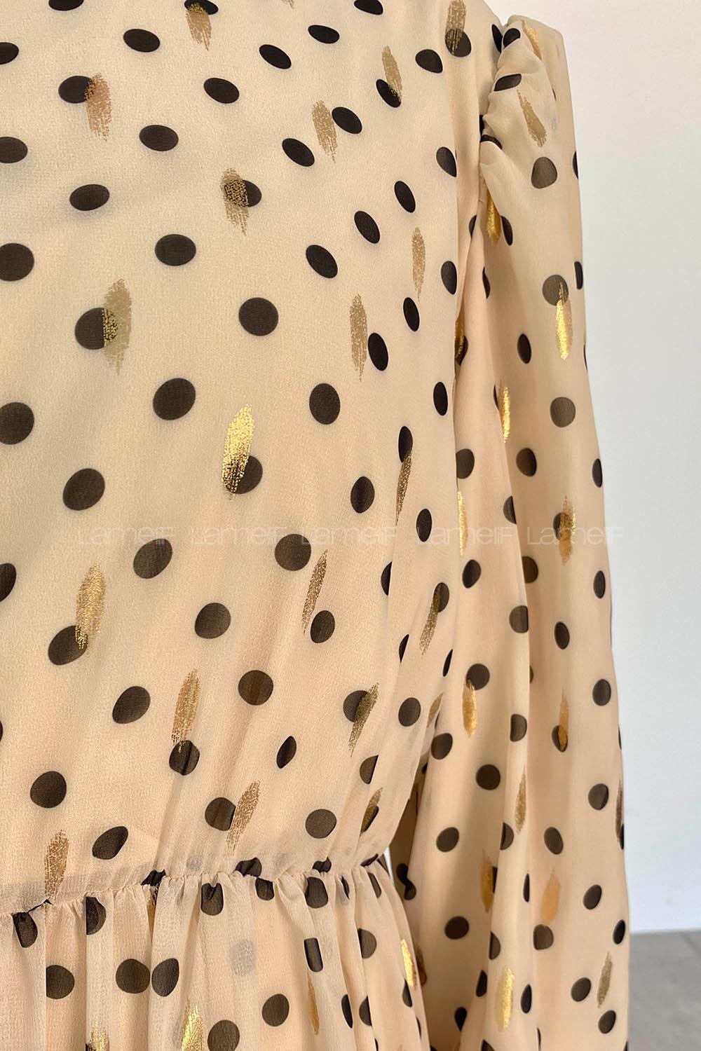 Modalamelif Bel Lastik  Puantiye Desen Elbise Bej