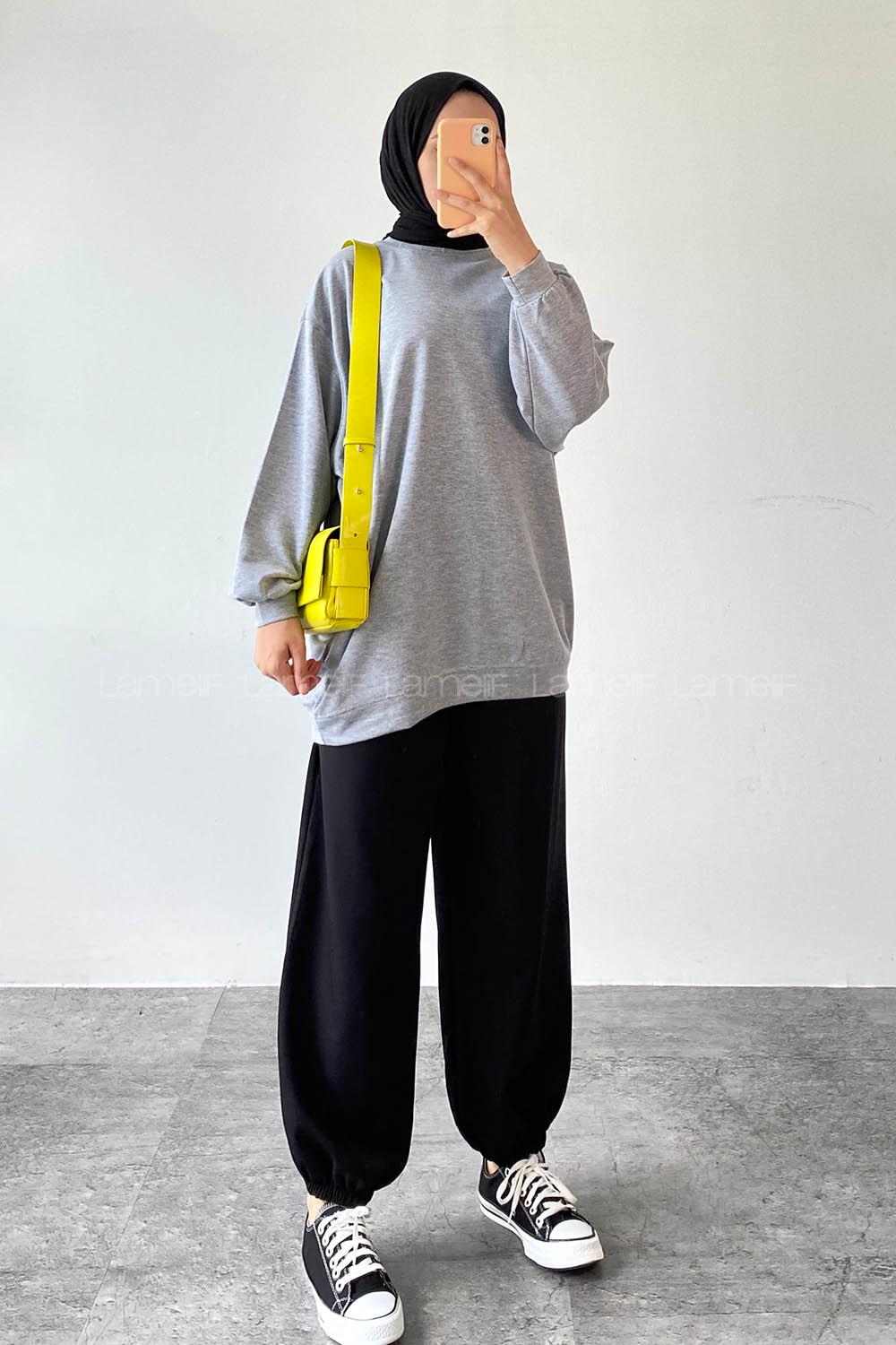 Gray Crew Neck Balloon Sleeve Arm Unprinted Sweatshirt