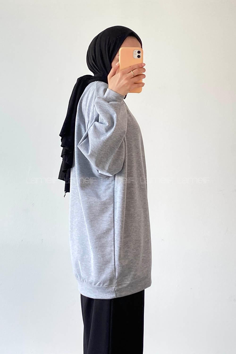 Gray Crew Neck Balloon Sleeve Arm Unprinted Sweatshirt
