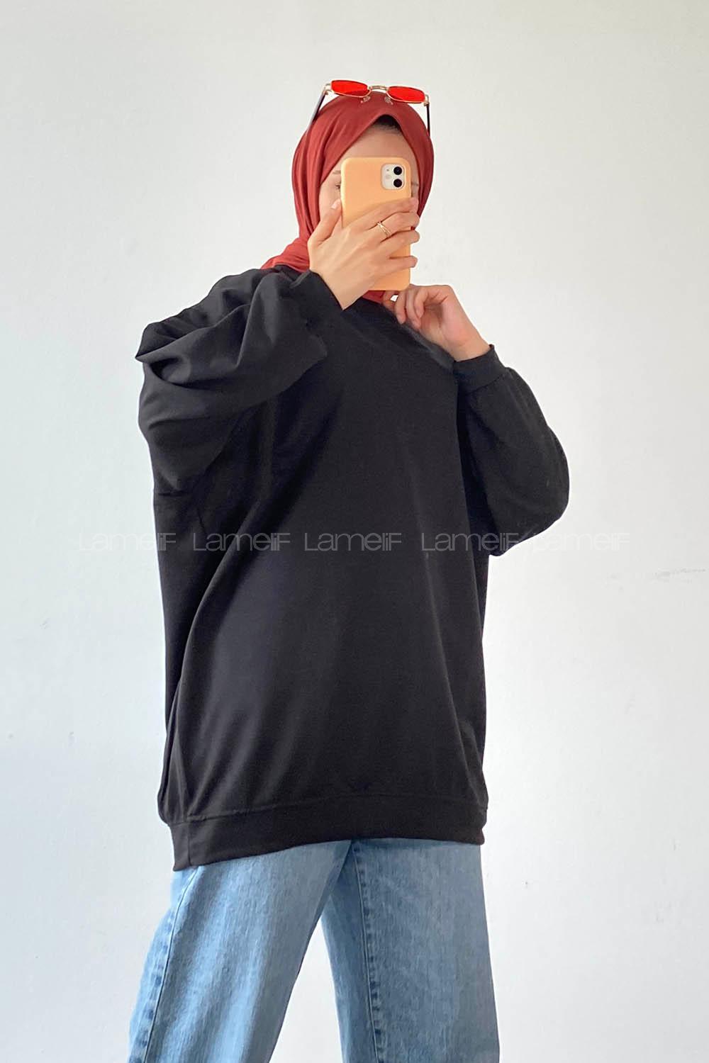 Black Crew Neck Balloon Sleeve Arm Unprinted Sweatshirt