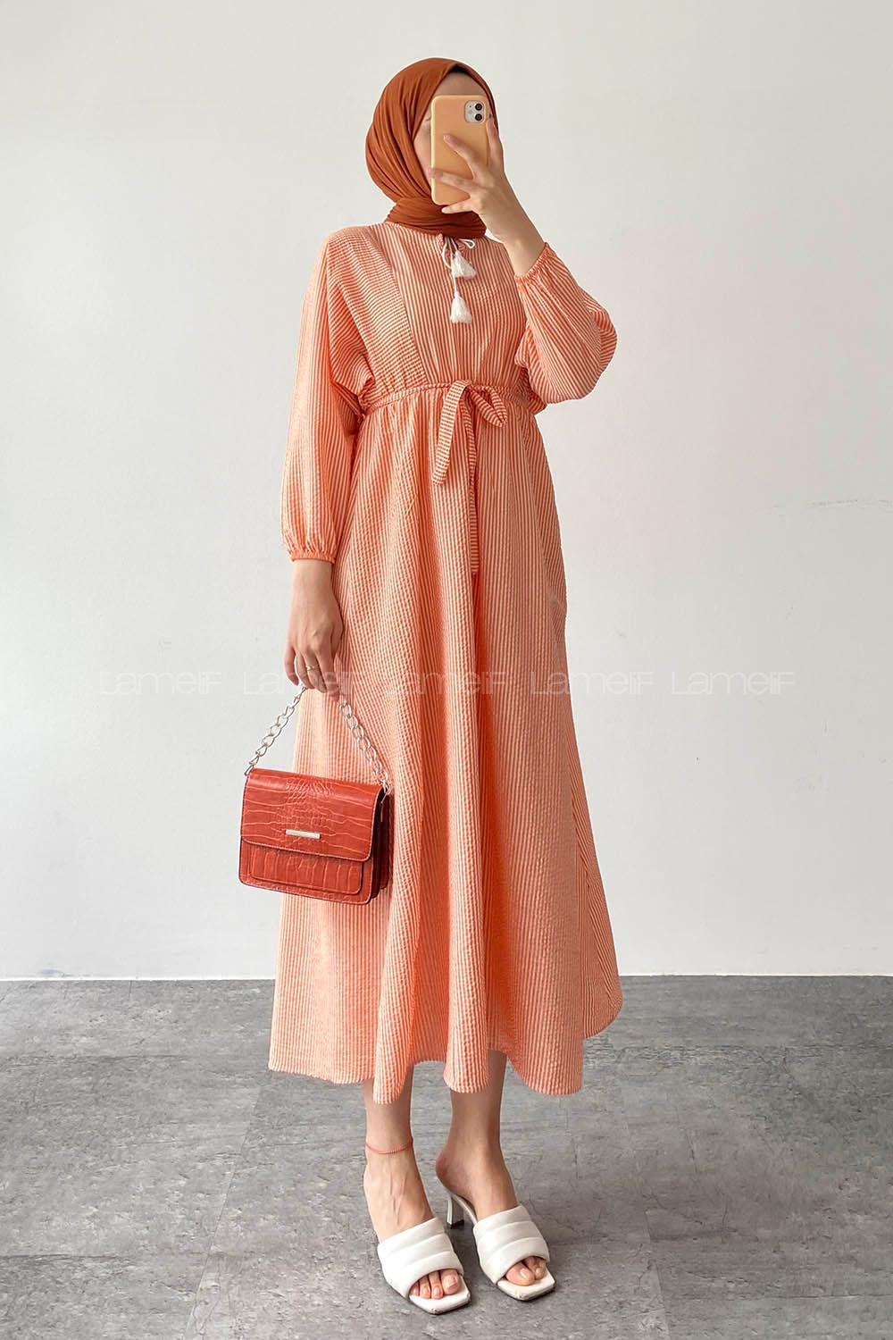 Orange Crew Neck Cotton Unprinted Dresess