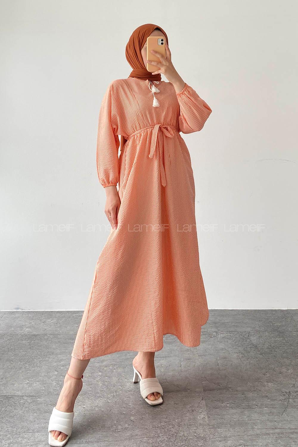 Orange Crew Neck Cotton Unprinted Dresess