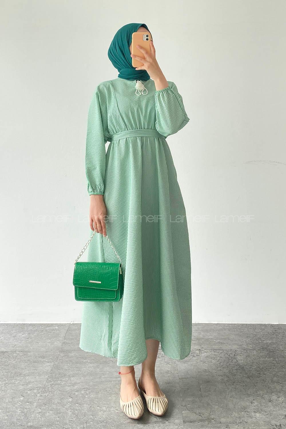 Green Crew Neck Cotton Unprinted Dresess