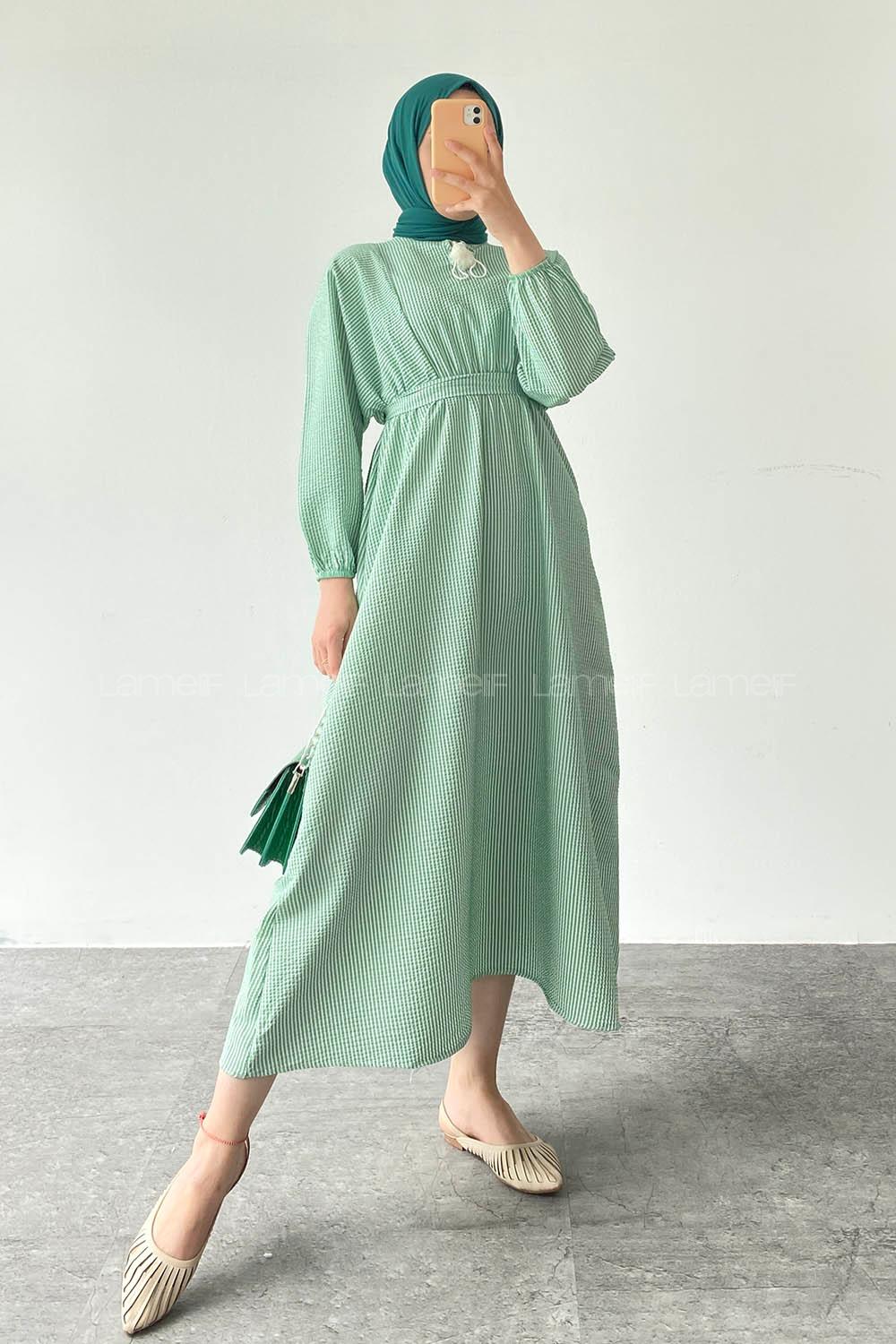 Green Crew Neck Cotton Unprinted Dresess