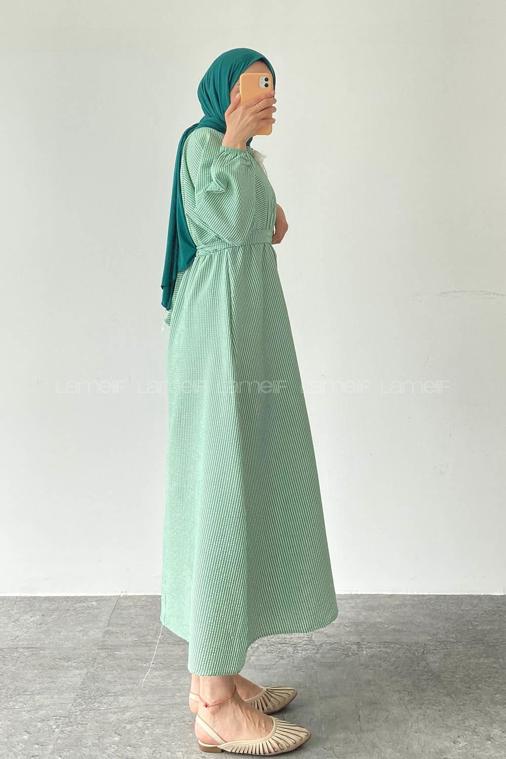 Green Crew Neck Cotton Unprinted Dresess