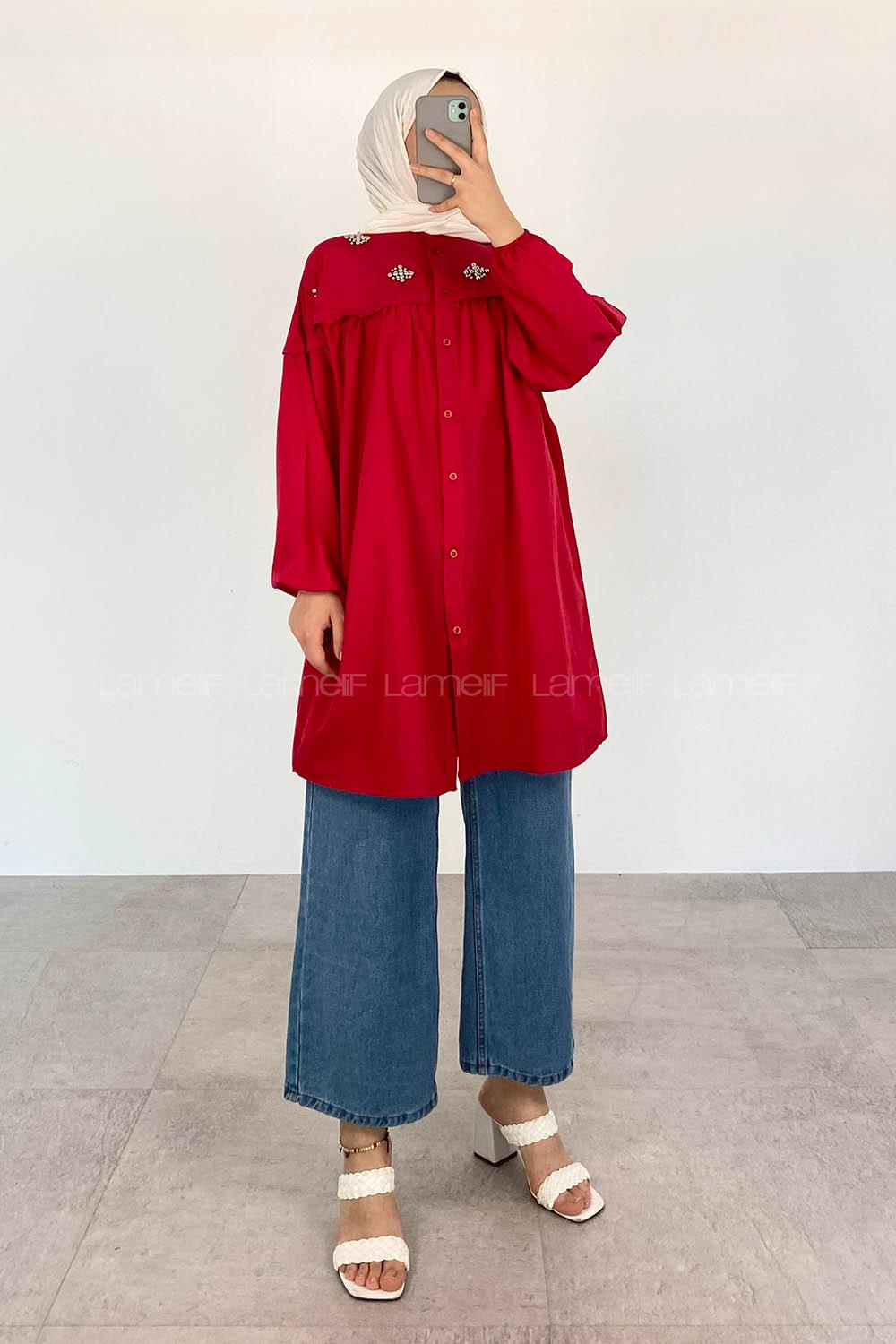 Red Shirt Collar Long Arm Cotton Unprinted Shirt