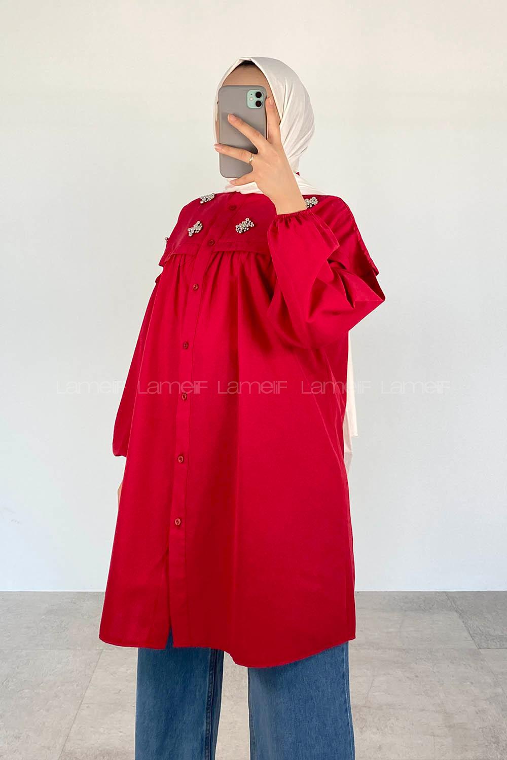 Red Shirt Collar Long Arm Cotton Unprinted Shirt