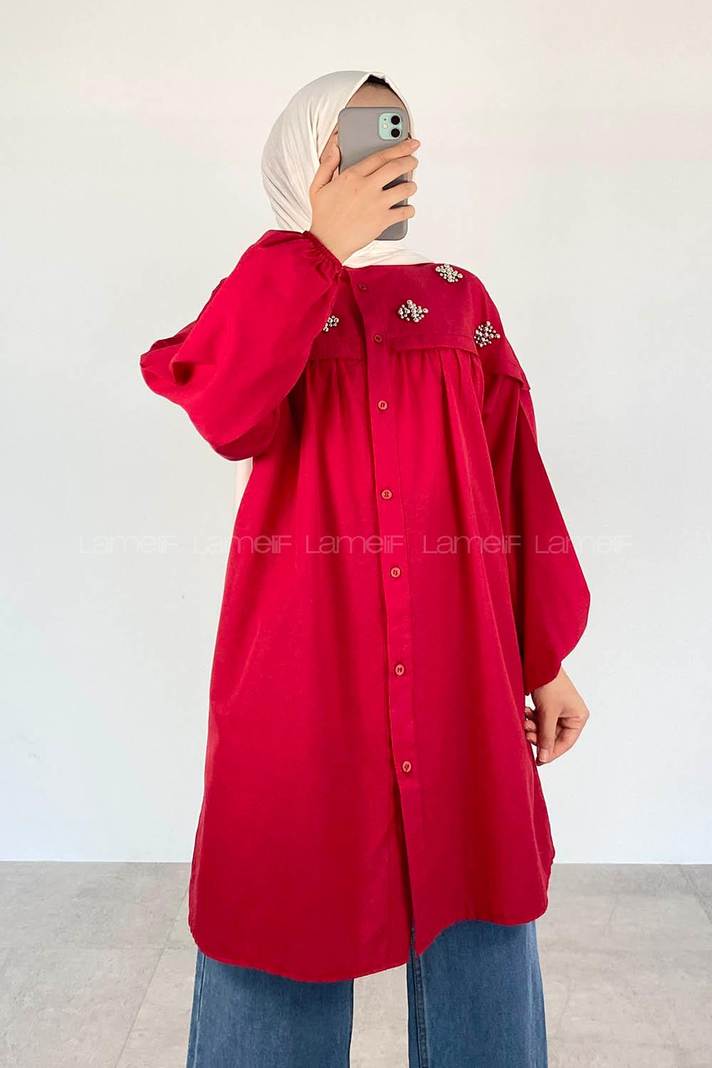 Red Shirt Collar Long Arm Cotton Unprinted Shirt